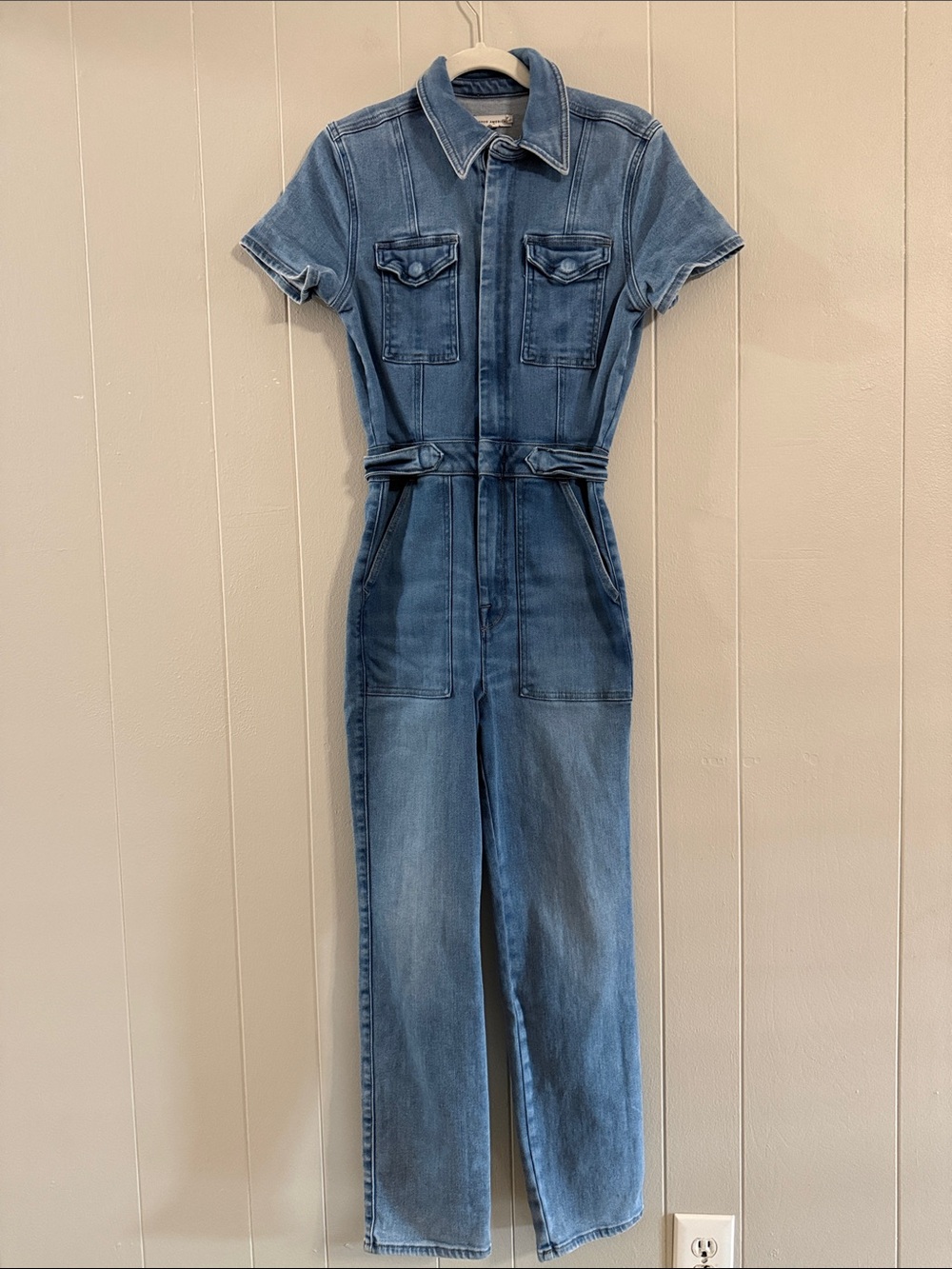 Good American Blue Short-Sleeve Denim Jumpsuit